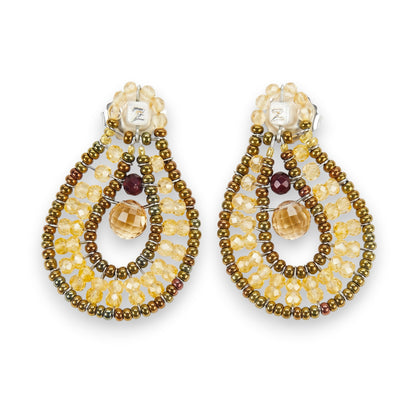 Trebor Style Ziio oval drop earrings featuring yellow zircon, citrine, and Murano glass beads on stainless steel wire.