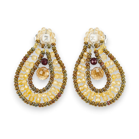 Trebor Style Ziio oval drop earrings featuring yellow zircon, citrine, and Murano glass beads on stainless steel wire.