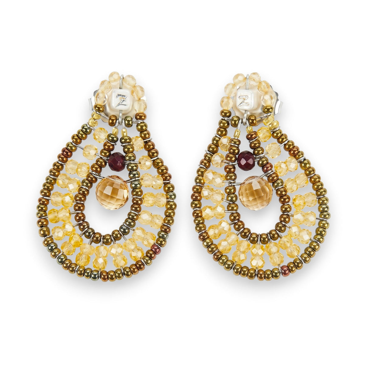 Trebor Style Ziio Tabiz collection oval drop earrings featuring yellow zircon, citrine, and Murano glass beads.